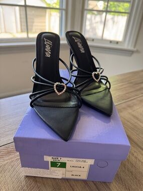 Windsor Black Strappy Pointed Mules with Rhinestone Heart